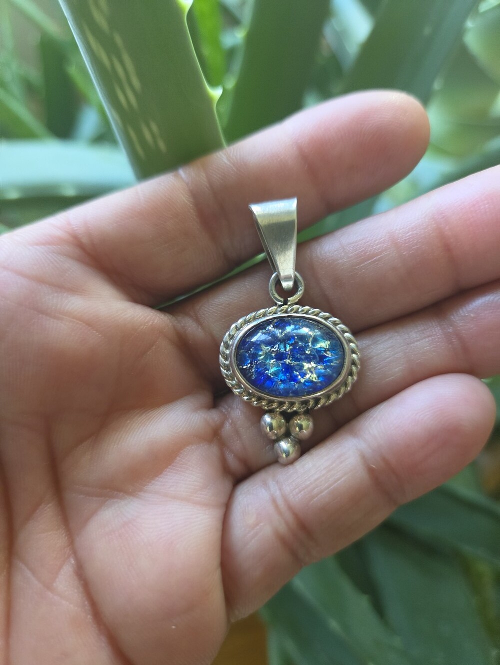 Vintage 925 Blue Fire Opal Pendant